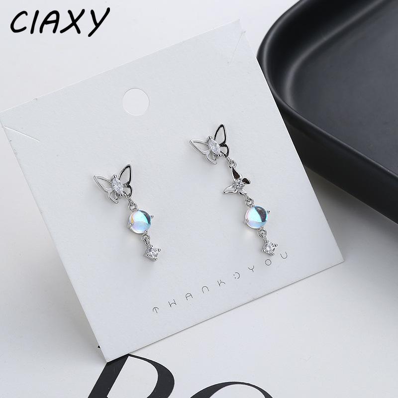CIAXY Silver Color Asymmetric Moonstone Butterfly Earrings for Women Temperament Tassel Zircon Earring Korean Fashion Jewelry
