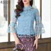 Women Casual Lace Patchwork Round Neck 3/4 Sleeve Blouse