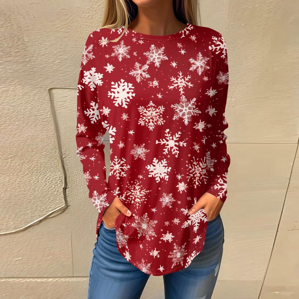 Tee Shirts For Women Fall Casual Long Sleeve Shirts Sweatshirt Vintage Graphic Printing Top Pullover Christmas