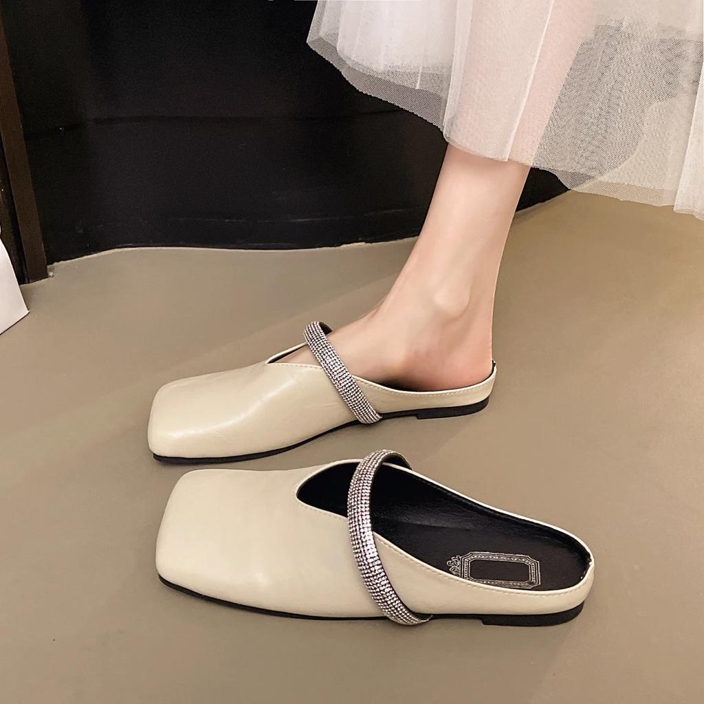 Fashion Bowknot Pearl Flat Bottom Baotou Half Slippers Women New Summer Shallow Mouth Mary Jane Single Shoes Casual Slides