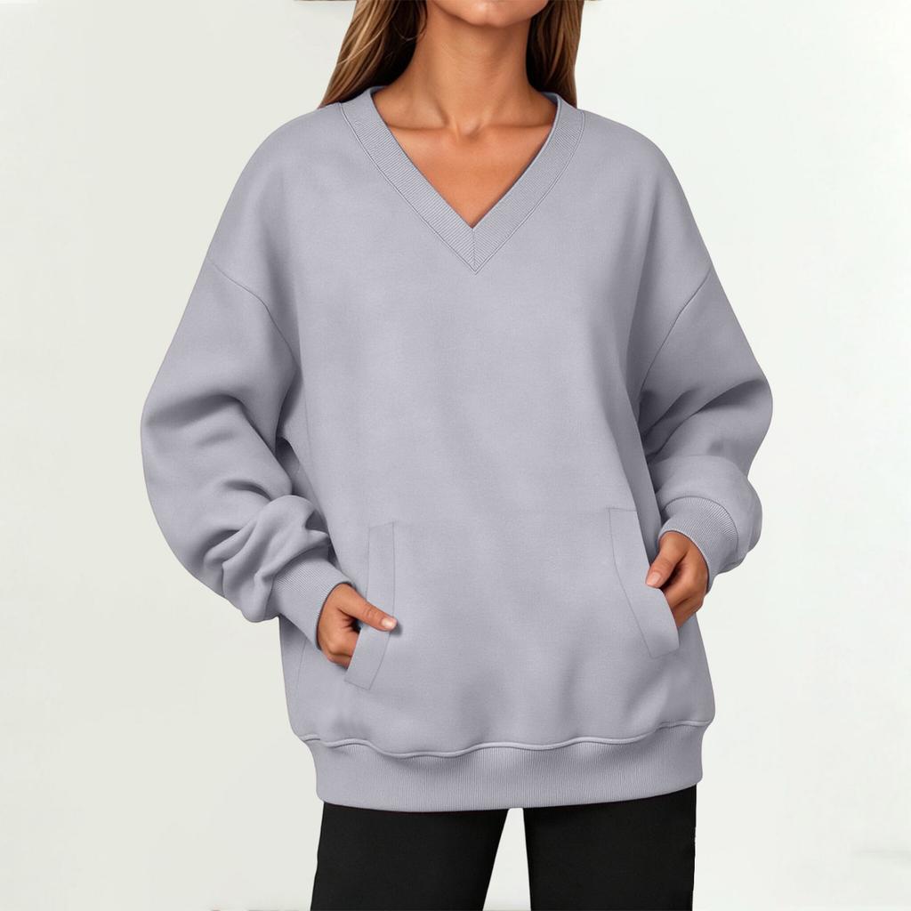 Women's V-Neck Long Pullover Sweatshirt with Pocket for Fall and Winter