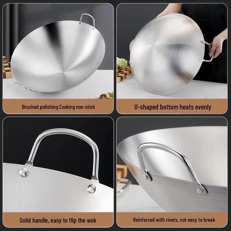ZISIZ 316 Stainless Steel Double-Handle Round-Bottom Wok