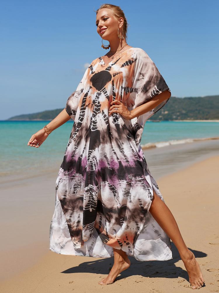 EDOLYNSA Разноцветный кафтан в богемном стиле с v-образным вырезом и рукавами «летучая мышь», женское платье макси, пляжная одежда, платье макси с половиной рукавов, халат