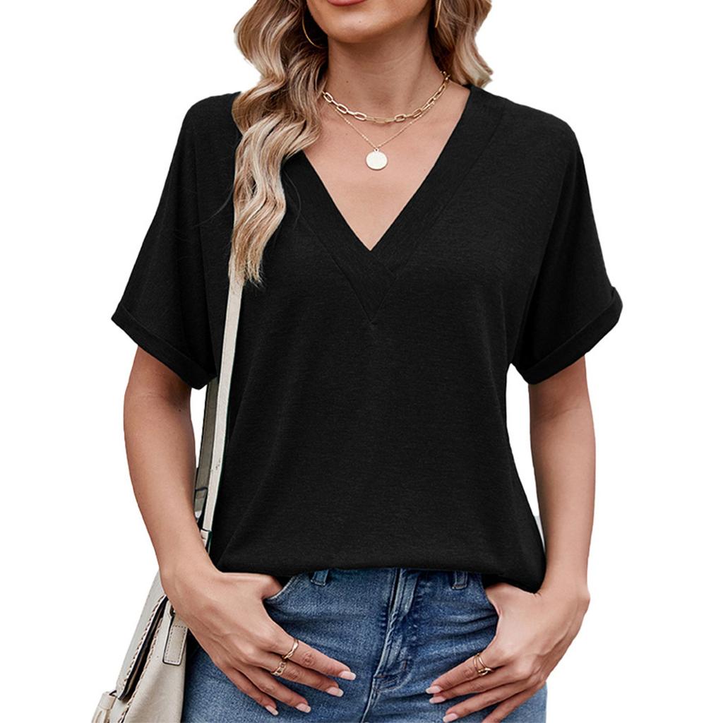 Женские однотонные свободные футболки с короткими рукавами и большим V-образным вырезом — модные и универсальные