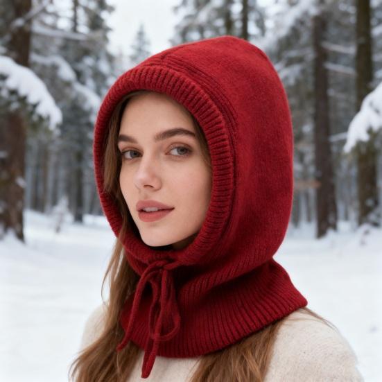 Knitting Hat Scarf Set Solid Color Adjustable Drawstring Scarf Hat Women Winter Warm Windproof Elastic Thermal Hat