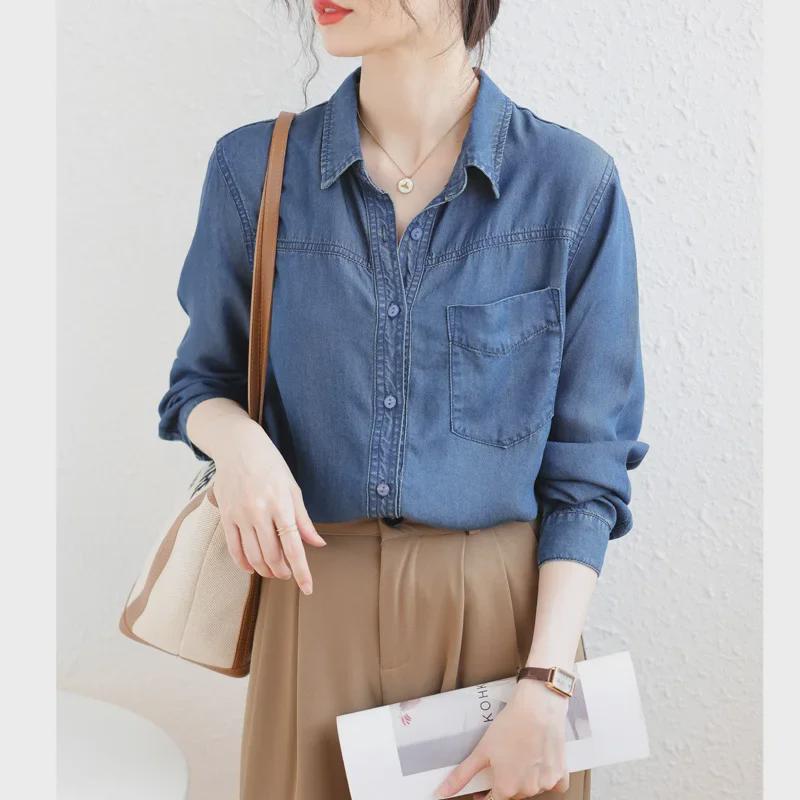 Женская приталенная джинсовая рубашка свободного кроя, тонкая, в стиле ретро, корейская коллекция осень 2025