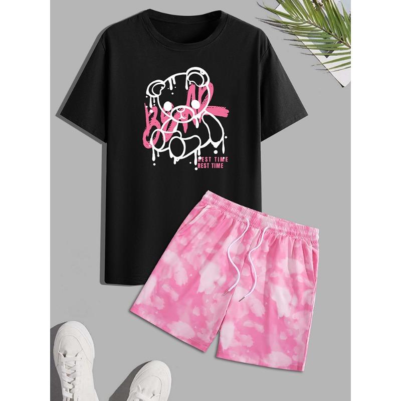 Комплект из 2 предметов: мужская футболка с коротким рукавом и шорты на шнурке с принтом мультяшного медведя, летний повседневный топ, мужские пляжные брюки для спорта на открытом воздухе