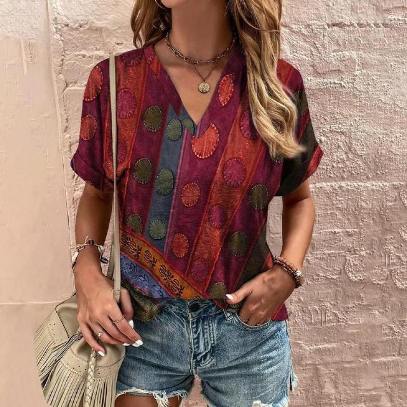 Футболка с 3d геометрическим принтом в этническом стиле с v-образным вырезом, летняя футболка с короткими рукавами, женская одежда, женская футболка, винтажная женская футболка большого размера