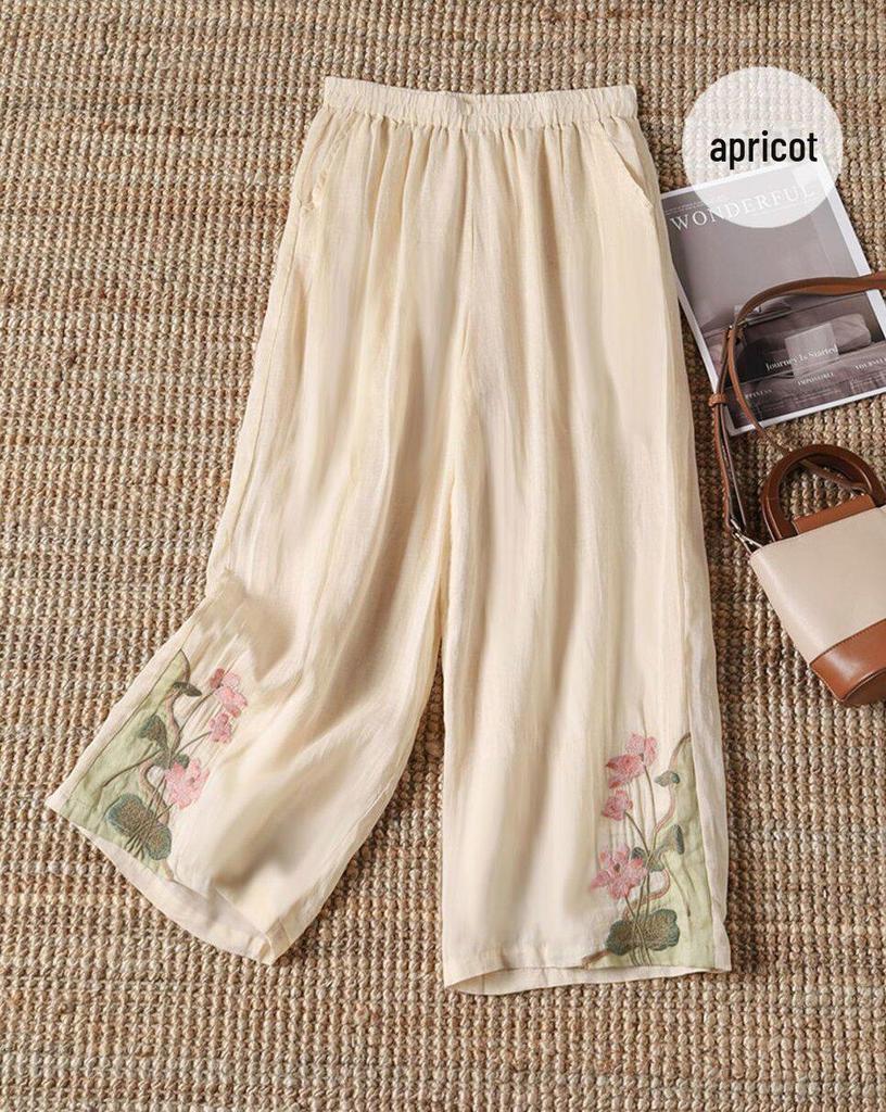 Women's Summer Chinese-Style Embroidered Elastic Wide-Leg Pants