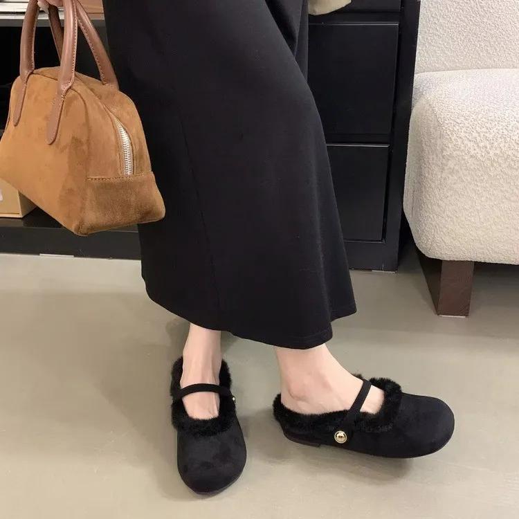 Женская одежда Мюли Обувь Комфорт Мех Полностью Тапочки Новинка 2024 Осень Зима Модные Леопардовые Ленивые Тапочки Плоская Подошва Полутапочки