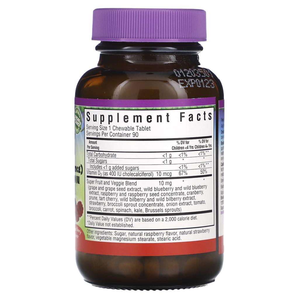 Bluebonnet Nutrition, Rainforest Animalz, Витамин D3, Натуральный вкус смешанных ягод, 400 МЕ, 90 жевательных таблеток