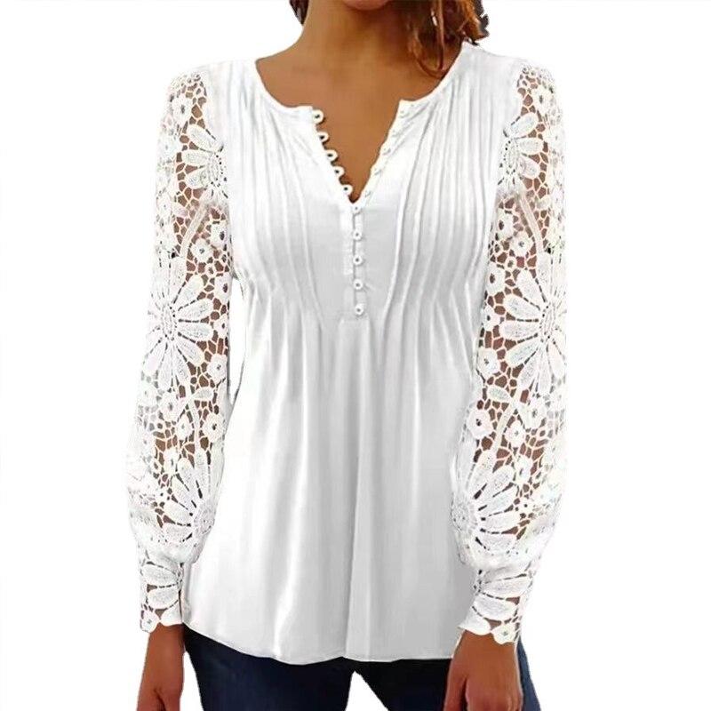 Elegant Long Sleeve Woman Lace Blosue Fashion Hollow Out Tops V Neck Solid Pleated Tops Vintage Blouses Women Plus Size Casual Slim White Shirt 24815