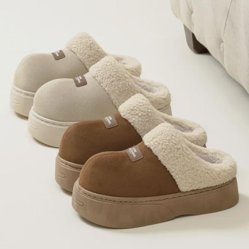 Женские хлопковые тапочки на толстой подошве 2024 г.: Зимний мех, нескользящий, для использования в помещении и на улице, увеличивающий рост