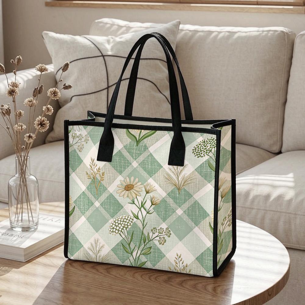 Green Plaid Floral Print Tote Bag Casual Daily Handbag for Outdoor Shopping Commute