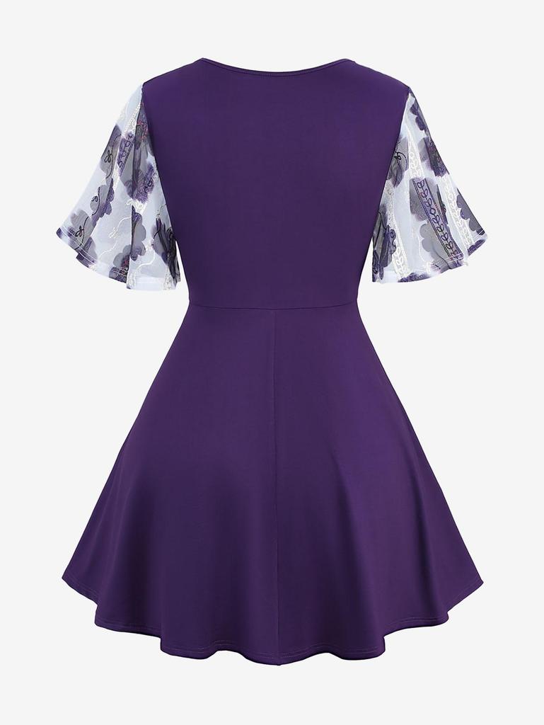 Rosegal Plus Size Tie Dye Floral Printed Mesh Jacquard Embroidered Keyhole Belted 2 In 1 Top