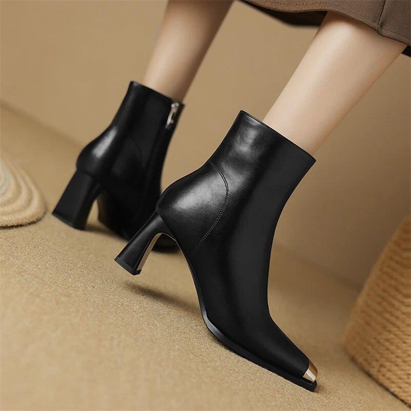 Meotina Женские ботильоны из натуральной кожи, шерстяные короткие сапоги на толстом высоком каблуке с квадратным носком, шерстяные короткие ботинки на молнии, женская обувь, зимняя обувь