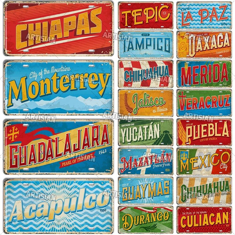 MEXICO License Plate Landmark Metal Tin Plaque City Metal Sign Wall Decor Garage Bar Pub Club Hotel Cafe Kitchen Home