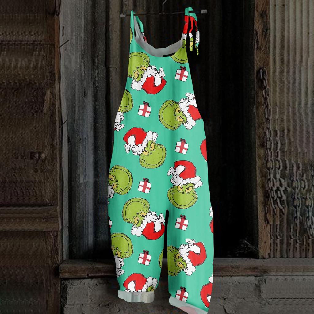 Женский повседневный свободный комбинезон с рождественским принтом, комбинезон с широкими штанинами, без рукавов, с карманами