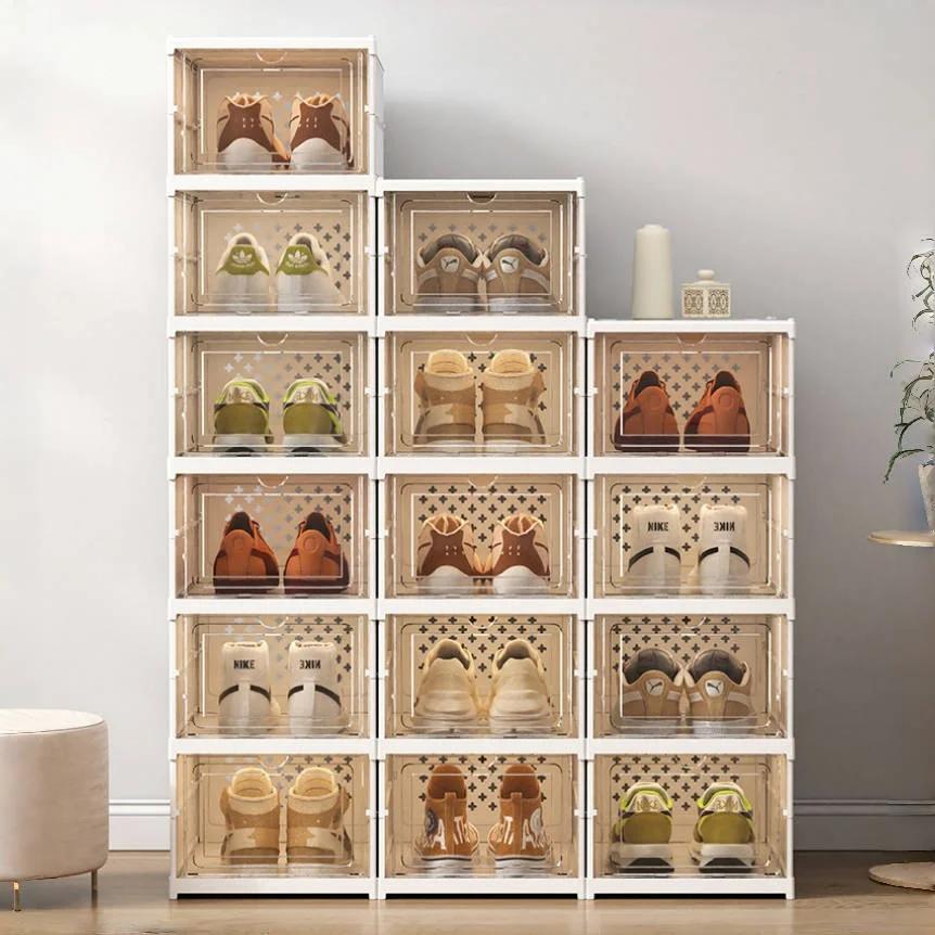 Shoe Hanger Foldable Shoe Storage Box Transparent Sneaker Shoes Box Stackable Dustproof Cabinet Shoe Organizers Rack Shelf