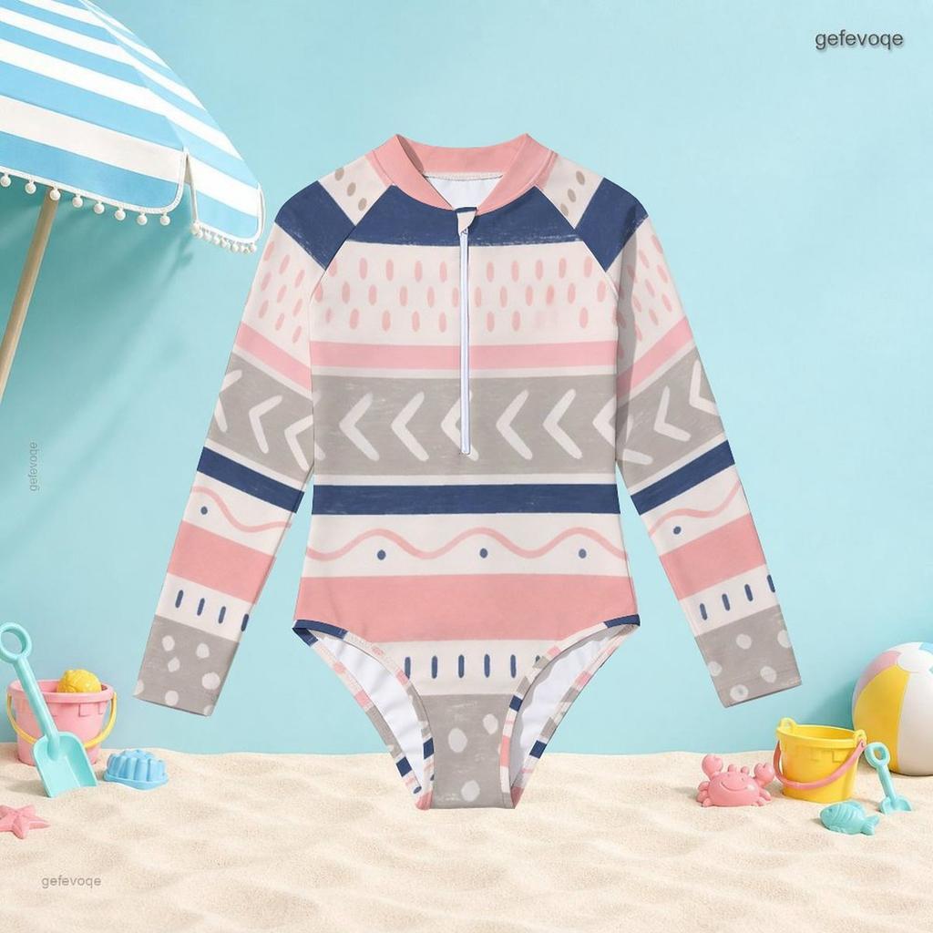 Girls High Neck Long Sleeve Front Zip Printed One Piece Swimsuit Pink Blue Gray White
