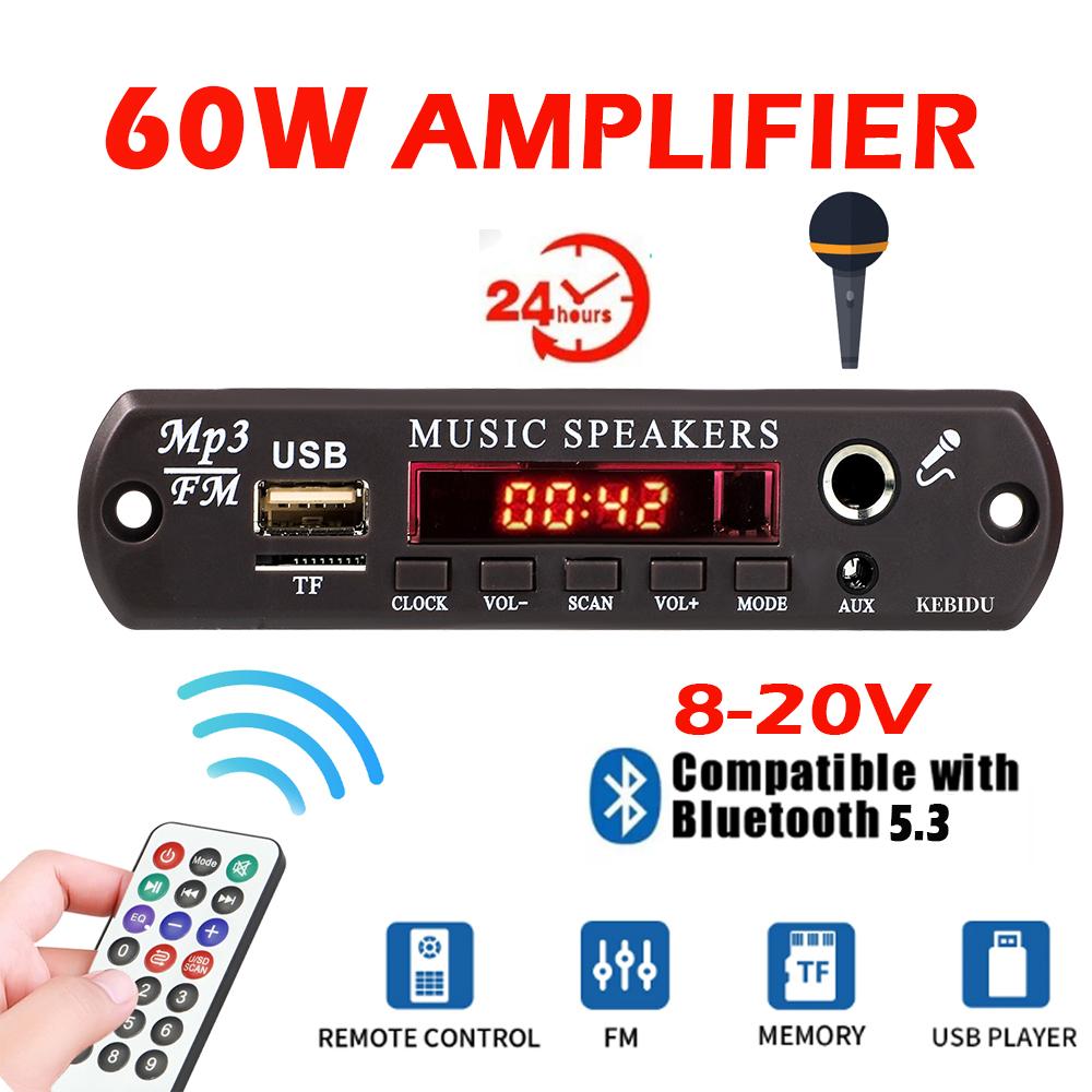 Усилитель 60 Вт, модуль автомобильного радиоприемника Diy, 12 В, Bluetooth 5.3, плата декодера MP3, цифровые часы, разъем для микрофона 6,5 мм, USB, TF, AUX, поддержка караоке