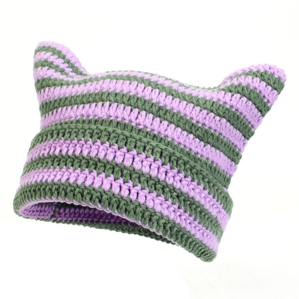 Warm Stripe Knitted Hat Cute Little Devil Cap Soft Pullover Hat Girls