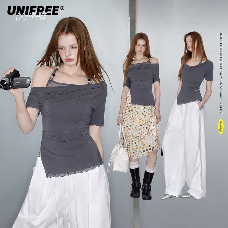 unifree Футболка с имитацией двойки и кружевной отделкой, с воротником-хомутом