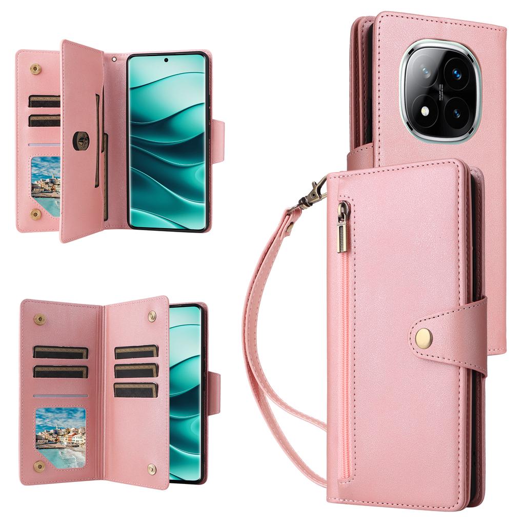Leather Case For Xiaomi Redmi Note 14 Pro 5G/14 Pro+ 5G/Poco X7 5G Zipper Wallet Stand Phone Cover Rivet Decor