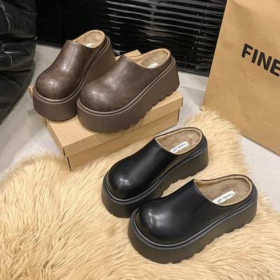 Короткие плюшевые толстые женские мюли-тапочки повседневные с закрытым носком на платформе шлепанцы женские удобные хлопковые туфли