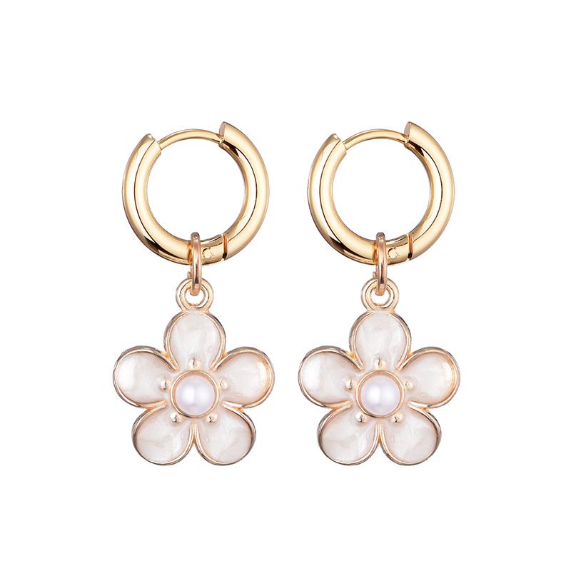 Fashion Cute Pearl Flower Pendant Hoop Earrings For Women Girls Stainless Steel Gold Color Ear Buckle Enamel Charm Drop Jewelry