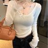 Lace V Neck Casual Knitted Sweater for Women Autumn and Winter New Slim Fit Knitted Sweaters Women Tops Elegant Solid Vintage Ladies Jumpers 25865