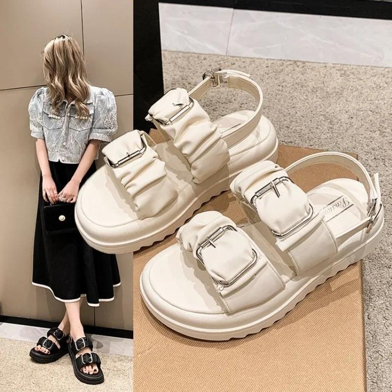 Новые летние сандалии на платформе, женская обувь, новые повседневные спортивные римские сандалии с пряжкой, женские плоские мягкие кожаные с открытым носком, пляжная обувь