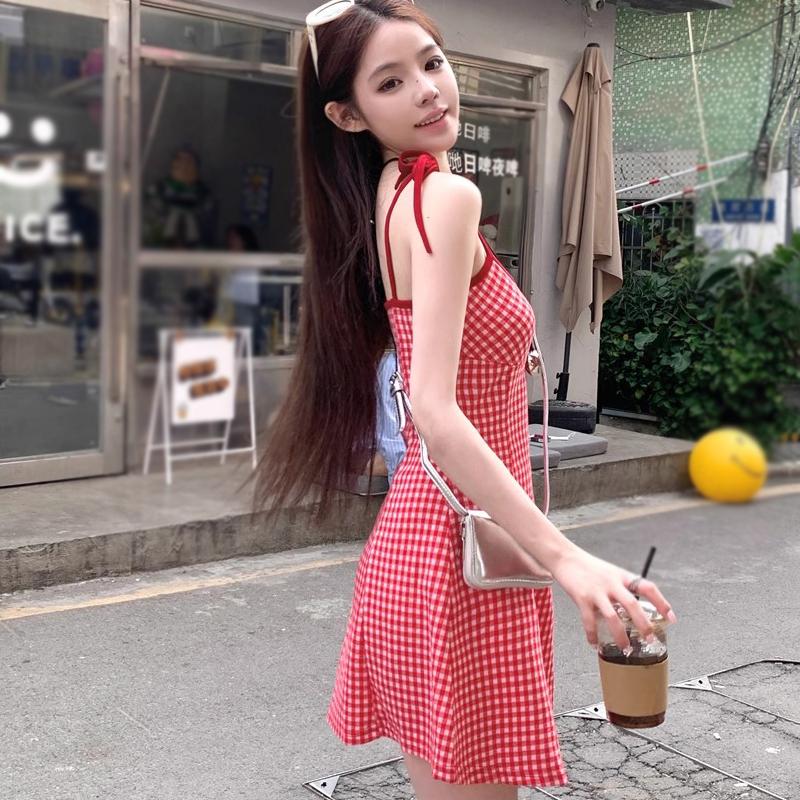 Women's Dress Plaid Slip Dress Lace-up Shoulder Strap Backless Beach Dress