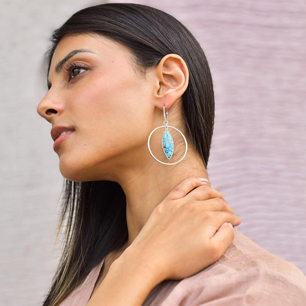 Genuine Copper Turquoise hoop earrings, Sterling silver stylish dangler for women, Unique turquoise fashion jewelry gifts ideas