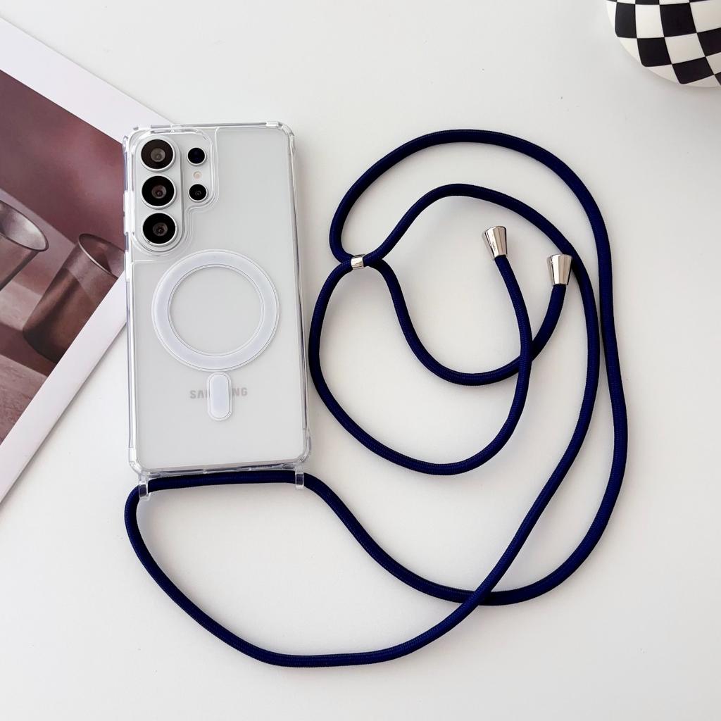 Для MagSafe Магнитный ремешок через плечо Прозрачный чехол для телефона для Samsung Galaxy S26 S25 Ultra S24 S23 Plus Прозрачный ударопрочный чехол