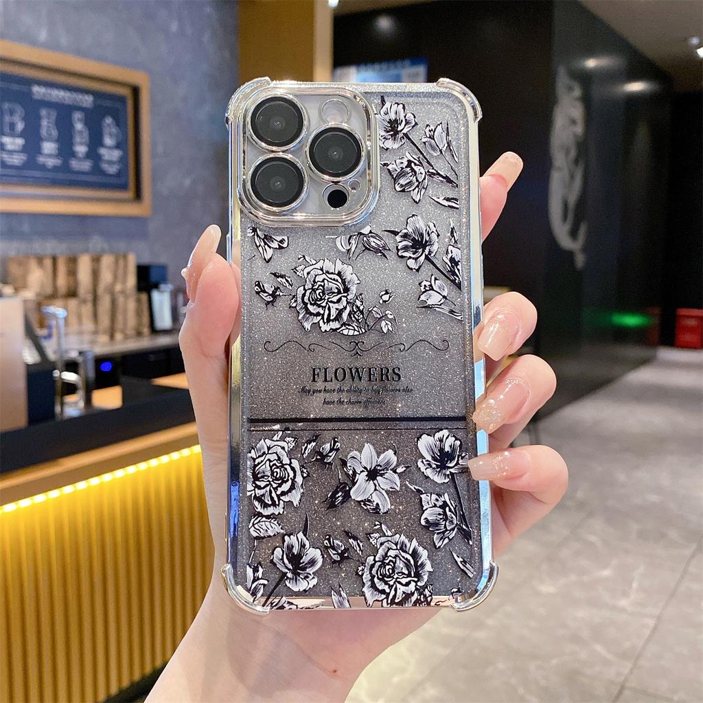 Европейский и американский стиль подходит для iphone17 ретро цветок четыре угла противоударный гальваническое покрытие чехол для мобильного телефона Apple 15 защитная пленка для объектива блеск