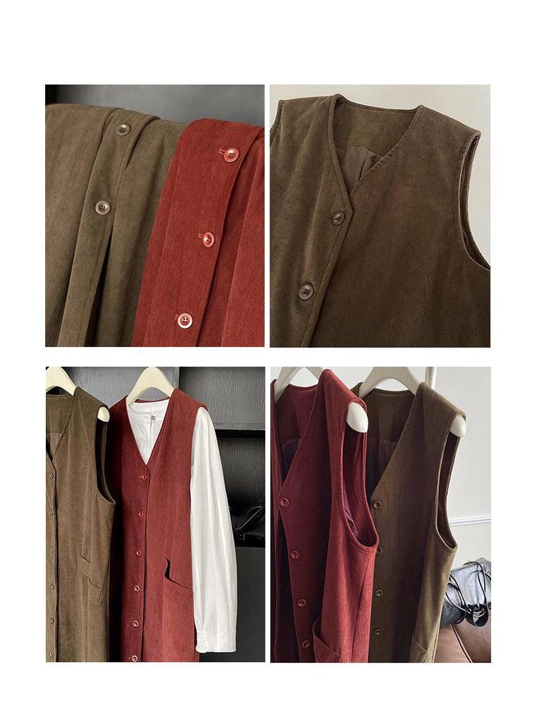 Autumn 2024 Orange Zhi Korean Style Red Single-Breasted Mid-Length Vest with Large Pockets