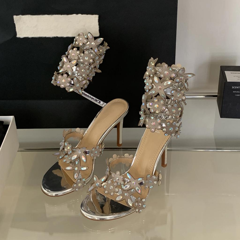Summer Sexy Fashion Flower Rhinestone Snake Surround Gold Silver High Heel Sandals Women's Crystal Party Wedding Shoes