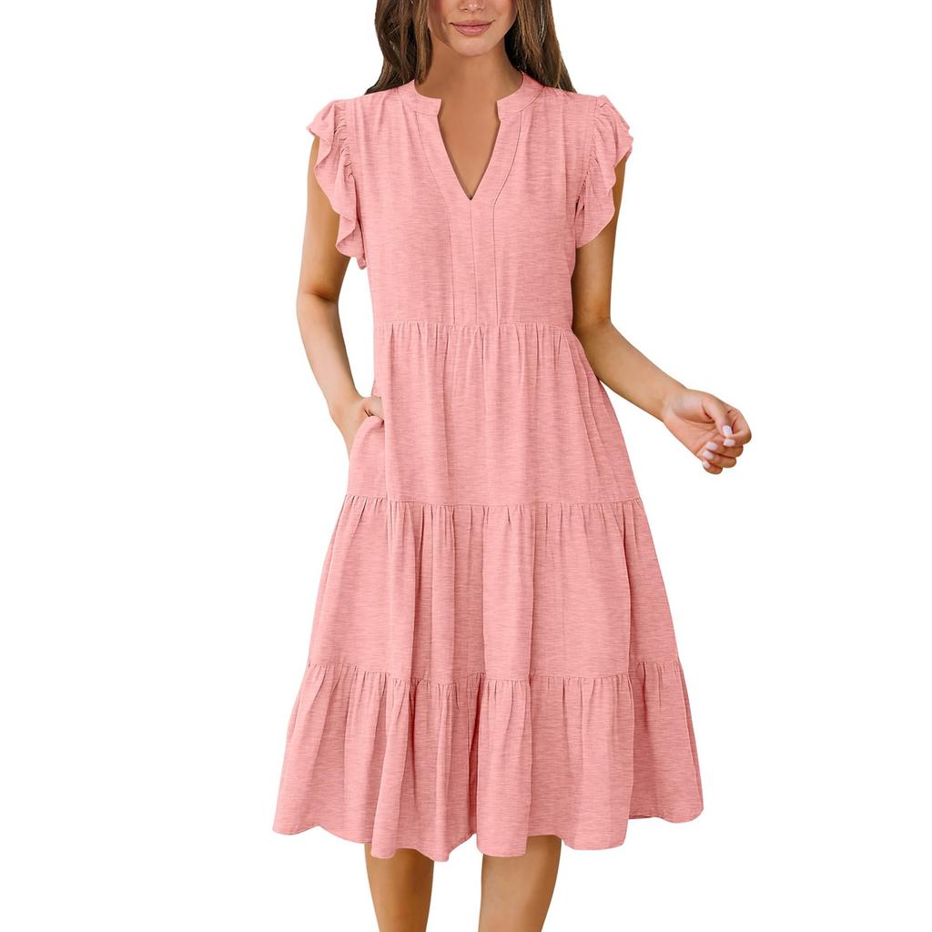 Женские богемные однотонные летние повседневные многослойные платья с v-образным вырезом и рюшами на рукавах