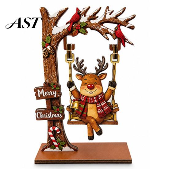Creative Christmas Desktop Ornaments Wooden Ornaments, Santa Snowman Figurine with Moving Decorative Figures Swing, Rustic Holiday Tabletop