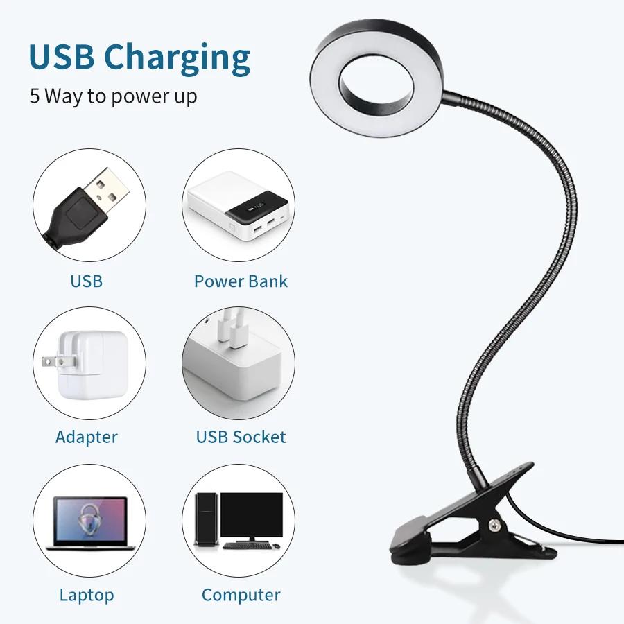USB Rechargeable LED Clip-on Desk Light Flexible Eye Protection Reading Lamp 3 Colors Adjustable For Bedroom Study Lighting