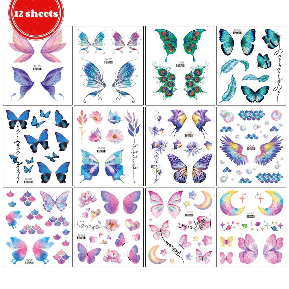 12/1 Sheets Gradient Glitter Temporary Butterfly Facial Tattoos Costume Party Face Tattoos For Women/Girls Waterproof But Easy Remove Tattoos