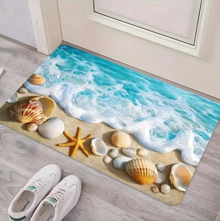 Коврик с узором «Морские волны» 3D Ракушки Морские звезды Ковер Текст «Добро пожаловать» Песок Нескользящий Декор для дома Морские коврики для пола Приветственный коврик Коврик для двери