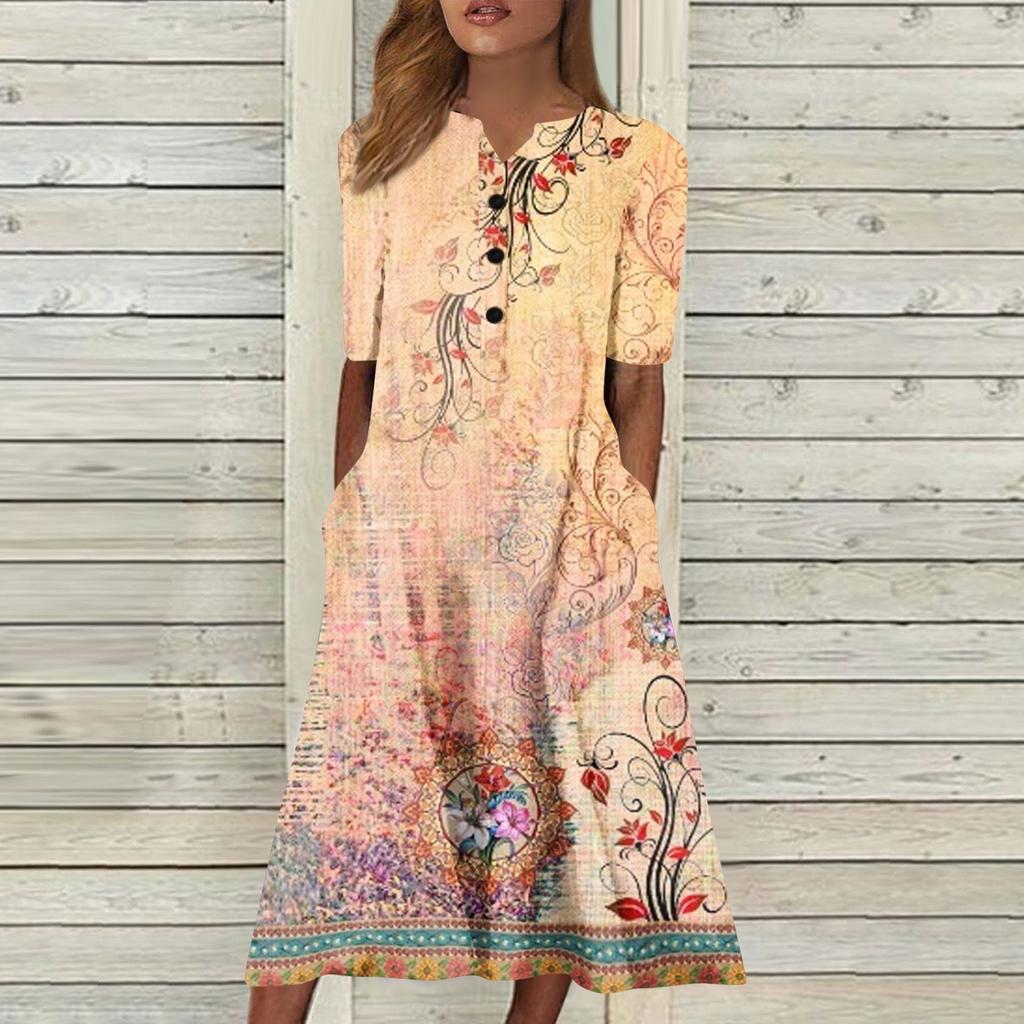 Women's Summer Casual Printing Fashion V-neck Short Sleeved Beach Swing Skirt