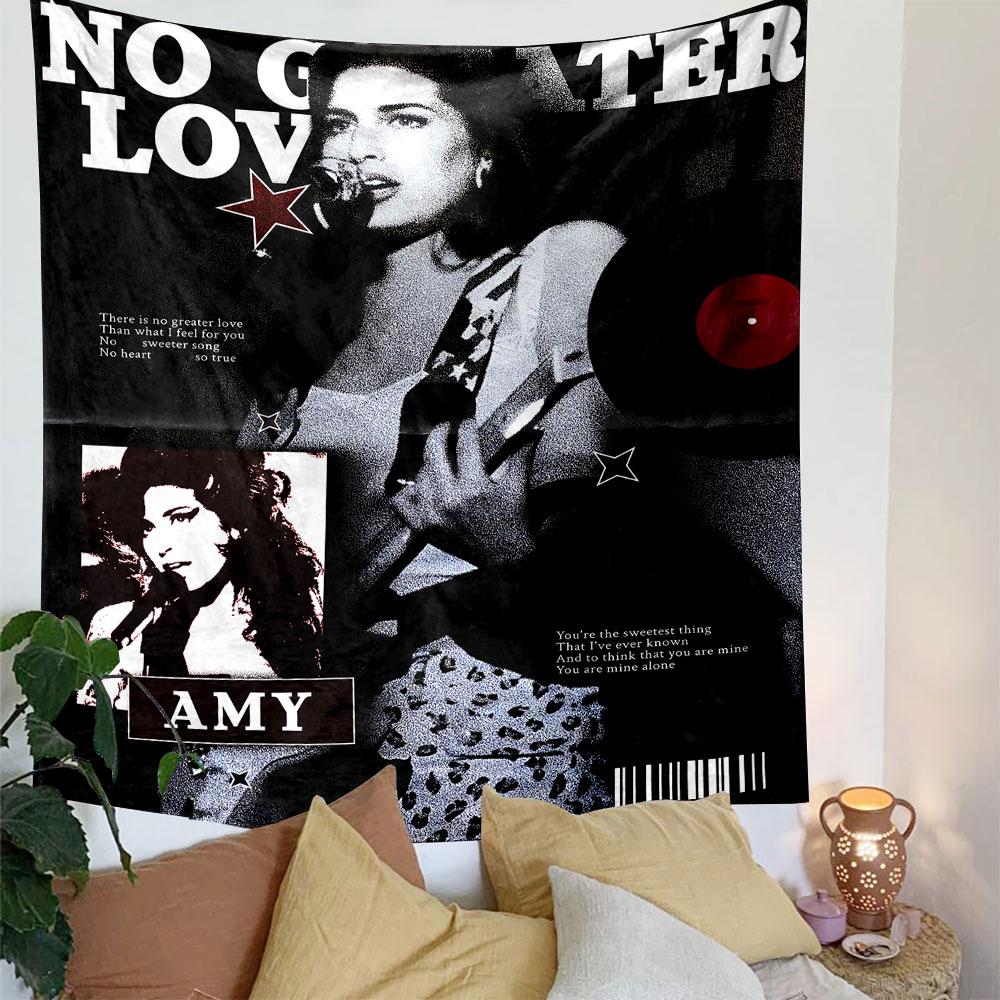 A monochrome collage featuring a singer, text, stars, and vinyl record graphic. Patterned tapestry for bedroom and living room home decor