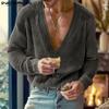 Autumn Men V Neck Long Sleeve Knitted Rib Pullovers Casual Loose Jumper Tops