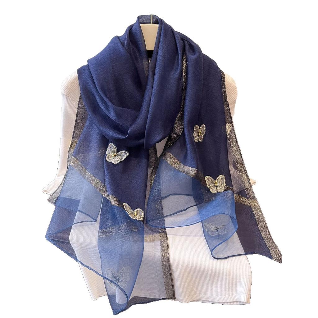 New Butterfly Embroidered Beads Fashionable Scarf for Women's Sun Protection and Windproof Temperament Shawl Thin Imitation Silk Scarf