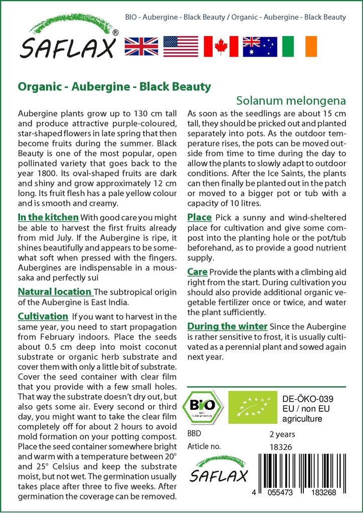 SAFLAX Garden in the Bag - Органический - Баклажаны - Black Beauty - 25 семян - С субстратом в подходящем пакете - Solanum melongena