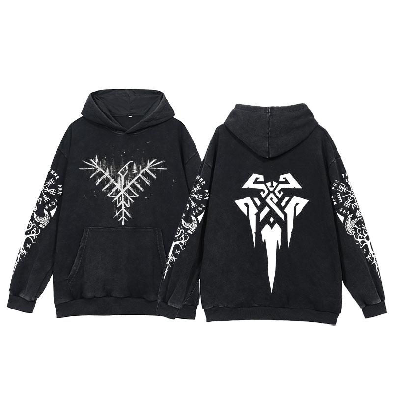 2024 Viking Hoodies Men Tattoo Print Acid Wash Hoodie Cotton Loose Long Sleeve Pullover Vintage Oversized Casual Hooded Sweatshi