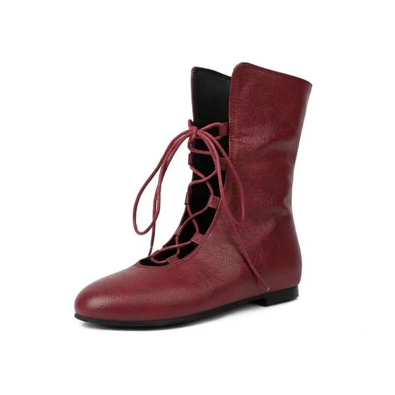 Модные повседневные дизайнерские женские туфли на шнуровке 2024 года, новые полые дышащие женские римские сапоги, легкие и удобные сапоги до середины голени